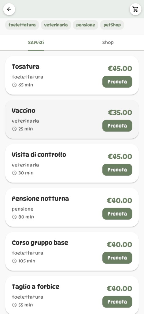 Lista servizi prenotabili